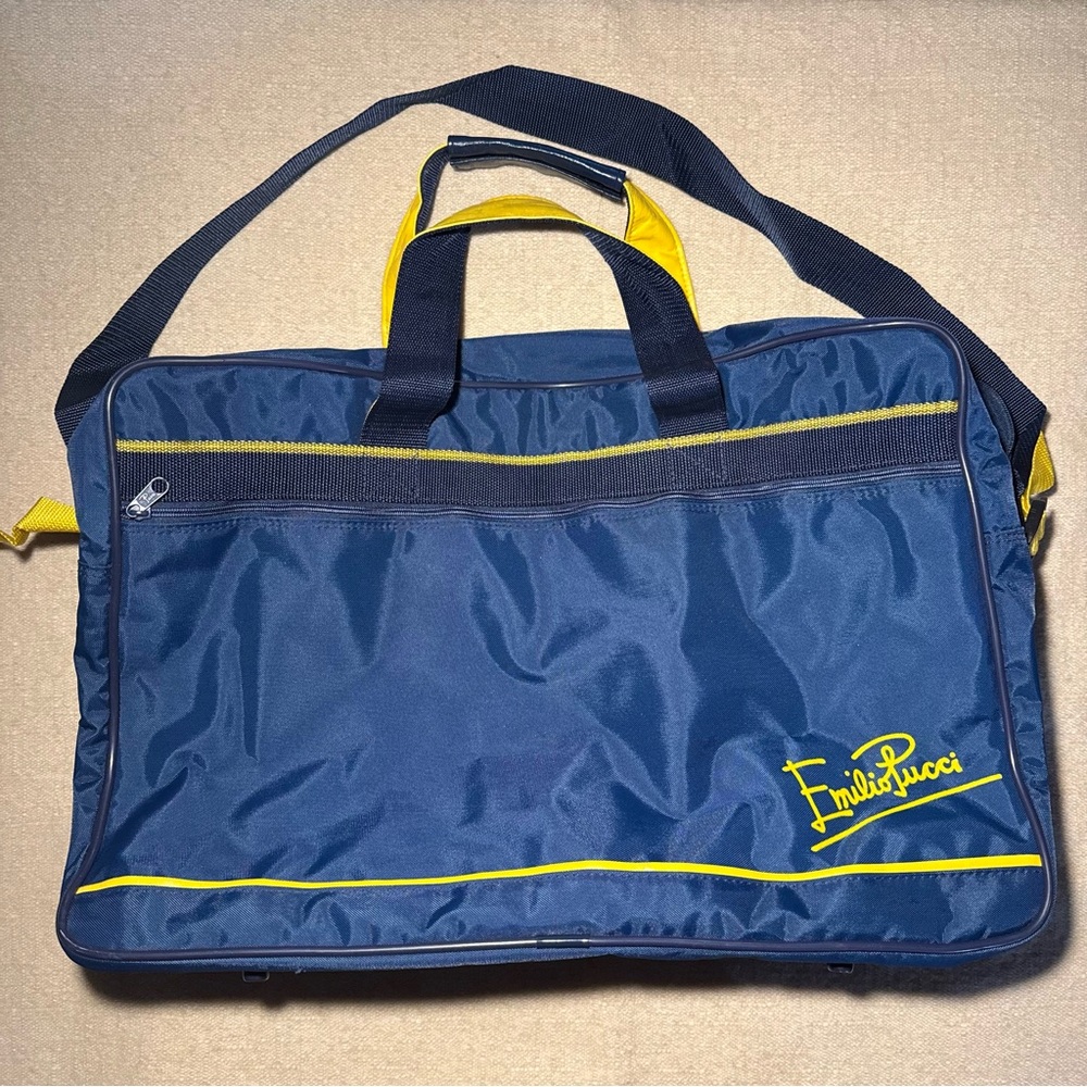 Vintage Emilio Pucci Navy Blue & Yellow Overnighter Duffel Bag Luggage Designer
